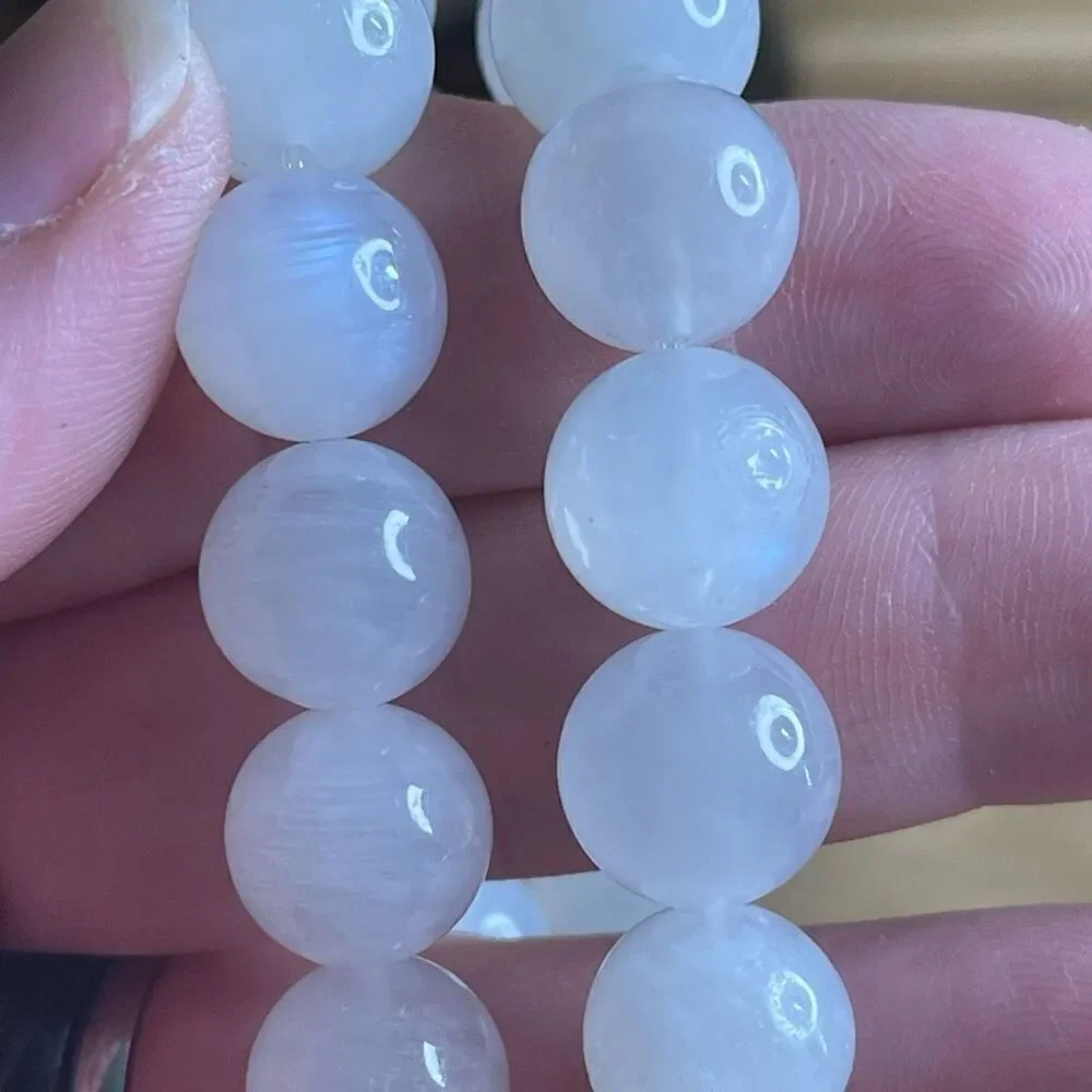 White Moonstone beaded bracelet 7” crystal healing beads 8mm blue flash